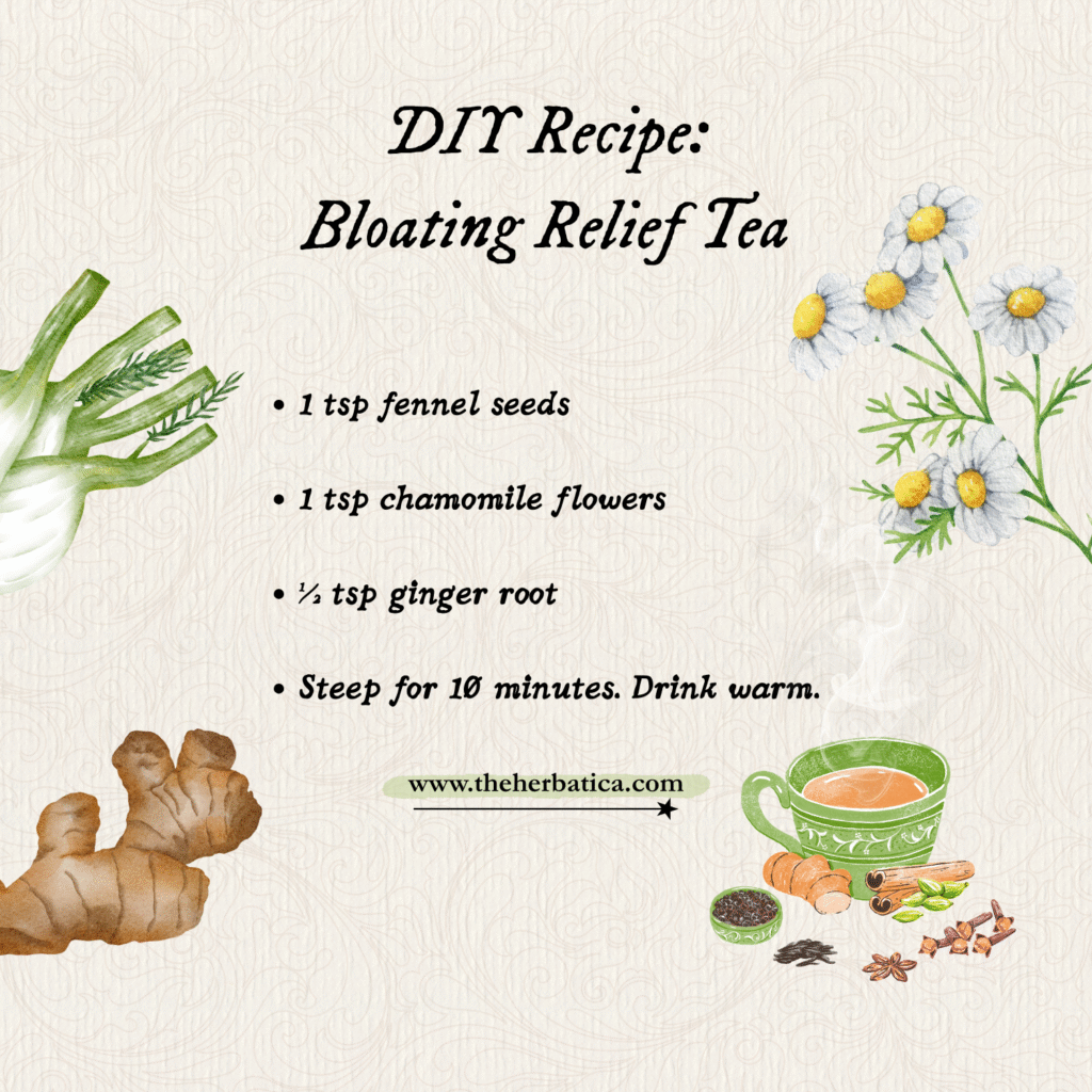 Bloating Relief Tea Recipe, Digestive Health herbs, chamomile, ginger, fennel
