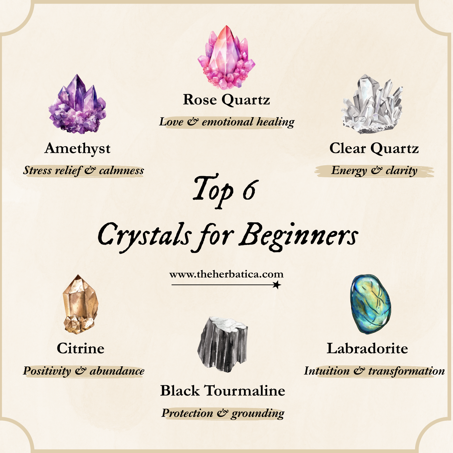 rose quartz , amethyst, citrine, tourmaline, labradorite uses