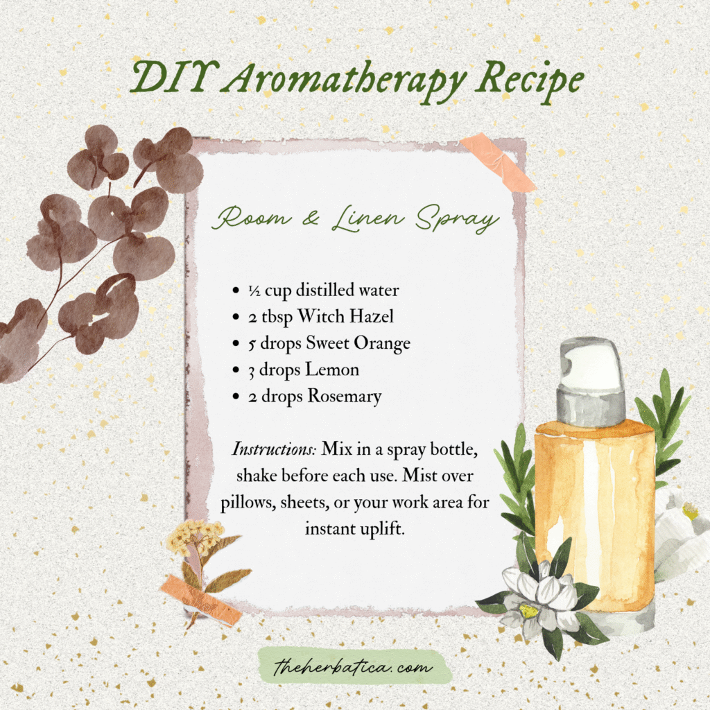 diyorum aromaterapy essential oil recipe, room and linen spray making
